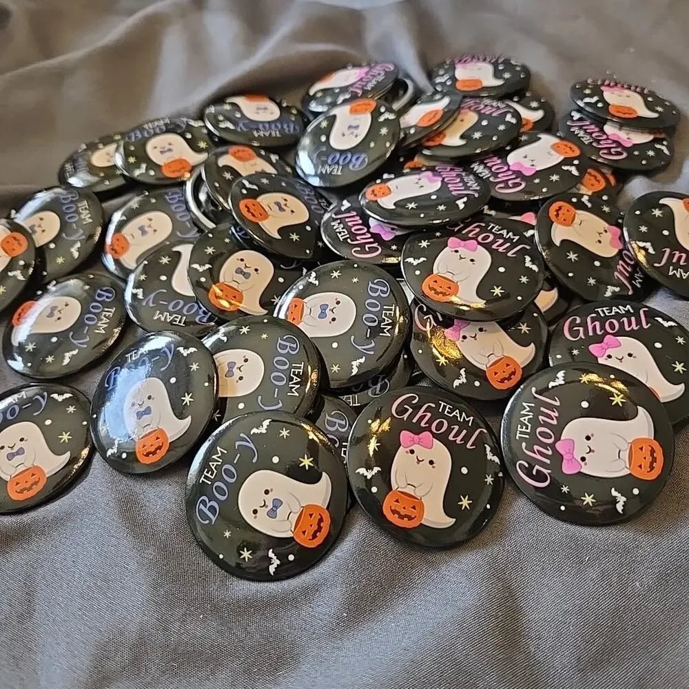 50 Pcs Gender Reveal Button Pins Team Boo-y and Team Ghoul Ghost/Halloween Theme